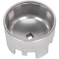 Silver Sealey oil filter cap wrench, Ø87mm, 14 flutes, cylindrical shape with square drive socket.