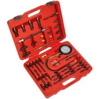 Red Sealey VSE3155 compression test kit with gauges, hoses, and adapters in a molded carrying case.