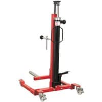 "Red Sealey WD80 wheel lifter trolley with black hydraulic lift and swivel casters, 80kg capacity"