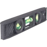 Black Stanley 200mm torpedo level with a central green bubble vial and textured grip.