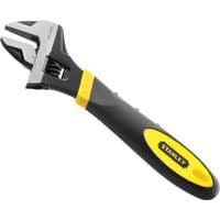 Stanley 12in adjustable wrench, silver jaw, black and yellow bi-material handle with ergonomic grip.