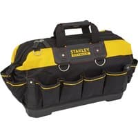 Black and yellow Stanley FatMax 18" tool bag with multiple exterior pockets and sturdy handles.