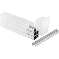 Stanley 1TRA706T Heavy-Duty Staples 10mm, silver metal strips in a white plastic case, open with staples visible.