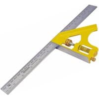 Yellow Stanley 2-46-028 combination square with a silver metal ruler and adjustable brass knob.
