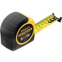 Black and yellow Stanley FatMax tape measure with 5m/16ft Blade Armor and bold markings.