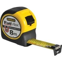 Yellow and black Stanley FatMax 8m tape measure with magnetic tip and rubber grip.