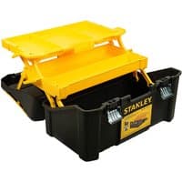 Black and yellow Stanley 3-level cantilever toolbox with metal latches and multiple compartments.