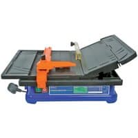 Blue Vitrex Torque Master tile cutter with black cutting table, orange guide, and 230V power plug.