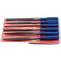 Set of six Draper warding files with blue handles in a red plastic pouch.