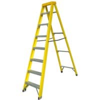 Yellow Zarges 3.3m fibreglass swingback step ladder with seven steps and non-slip treads.