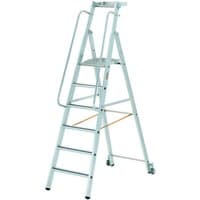 Zarges Mobile Masterstep ladder with five treads, handrails, and a sturdy platform, in silver aluminum finish.