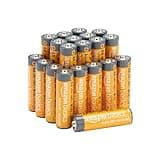 Pack of Amazon Basics AA alkaline batteries, orange with gray tops, arranged in a pyramid shape.
