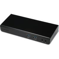 Black rectangular 2-Power USB 3.0 docking station with dual display ports and front USB ports.