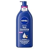 Blue Nivea body lotion bottle with pump, labeled "Rich Nourishing," featuring almond oil and Hydra IQ formula.