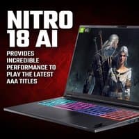 Black Acer Nitro 18 gaming laptop with RGB keyboard, 18" WQXGA display, sleek design, and NVIDIA GeForce RTX graphics.