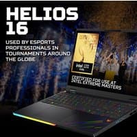 Black Acer Predator Helios 16 gaming laptop with RGB keyboard, sleek design, and 16" display showing vibrant graphics.