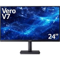 Acer Vero V7 23.8" monitor, Full HD, ZeroFrame design, IPS display, black stand, blue abstract screen background.