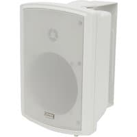 White Adastra FS Series FSV-W speaker with curved front grille and wall mount bracket for indoor/outdoor use.