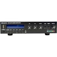 Black Adastra UX120 mixer amplifier with knobs, digital display, USB port, and colorful LED indicators.