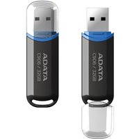 Black ADATA 32GB C906 USB flash drive with clear cap and blue accent, USB Type-A 2.0 connector.