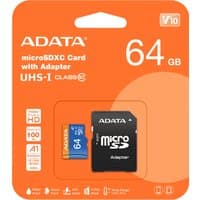 Orange ADATA 64GB microSDHC card with adapter, Class 10 UHS-I, in retail packaging.