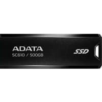 Black ADATA SC610 500GB SSD with USB Type-A 3.2 Gen 2, sleek rectangular design, and white branding text.