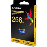 Black ADATA 256GB MicroSDXC UHS-II card packaging with colorful bird logo and speed details.