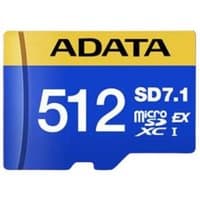 Blue and yellow ADATA 512 GB MicroSDXC UHS-II memory card with SD7.1 and microSD logos.