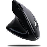 Black Adesso iMouse E90 wireless left-handed vertical ergonomic mouse with sleek design and side buttons.