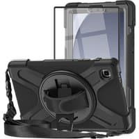 Black 360-degree rotating rugged case for Samsung Galaxy Tablet A9 with built-in screen protector and adjustable strap.
