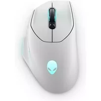 White Alienware AW620M gaming mouse with glowing alien logo, scroll wheel, and ergonomic right-hand design.