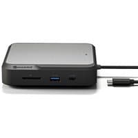 Grey and black ALOGIC DUCD2 laptop dock with USB-C, USB 3.2 ports, and cable attached.