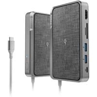 Space grey ALOGIC USB-C Dock Wave with fabric top, USB ports, power bank, and wireless charging pad.