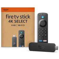Amazon Fire TV Stick 4K Select with Alexa+, black remote, voice button, HDMI stick, orange packaging.