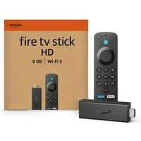Amazon Fire TV Stick HD 2024, black with Alexa voice remote, USB stick design, orange box packaging.