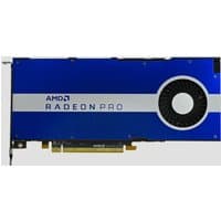 Blue AMD Pro W5700 graphics card with silver stripe, black cooling fan, and 8 GB GDDR6 memory.