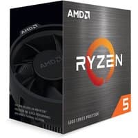 AMD Ryzen 5 5600X processor box with black fan image, orange Ryzen logo, and 5000 series branding.