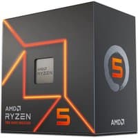 AMD Ryzen 5 7600 processor box with orange accents, featuring the Ryzen logo and processor visible through a window.