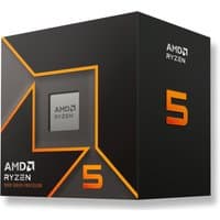 Black AMD Ryzen 5 9600 processor box with orange accents and visible processor chip.