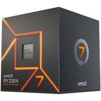 AMD Ryzen 7 7700 processor box, black with orange accents and large "7" logo, featuring 3.8 GHz and 32 MB cache.