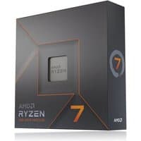 AMD Ryzen 7 7700X CPU in sleek black box with orange accents and Ryzen logo.