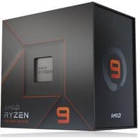 AMD Ryzen 9 7900X processor in black box with orange accents and visible chip window