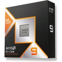 AMD Ryzen 9 9950X3D CPU in black and orange box with silver accents and visible processor chip.