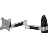 Black and silver wall-mounted monitor arm with adjustable joints and VESA plate, made of stainless steel.
