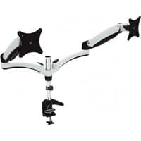 Dual-arm monitor mount in black, chrome, white with adjustable arms and desk clamp for 28" screens.