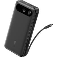 Black Anker power bank 20000 mAh with digital display, USB-C port, and attached charging cable.