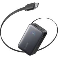 Black Anker A1638 10000 mAh power bank with USB-C cable, compact design, and LED indicator.