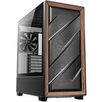 Black Antec Midi Tower computer case with wood accents and diagonal mesh front panel.