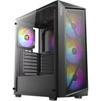 Black Antec AX67 ARGB Midi Tower with tempered glass panel and three front RGB fans.