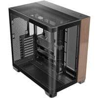 Antec C8 Curve Wood Full Tower, black with transparent side panel and wood accents, showcasing internal compartments.